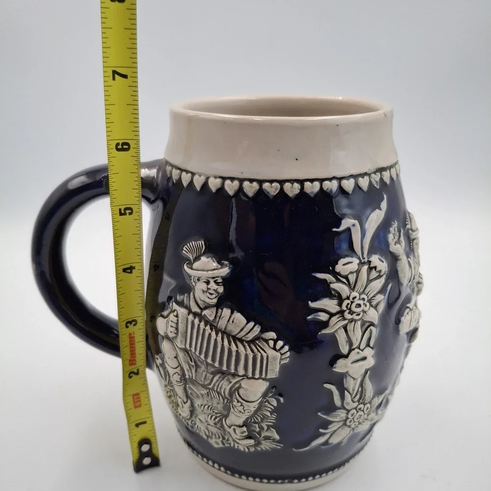 Vintage Western Germany Beer Stein Mug Blue Glaze 3613 Accordion Dancer Edelweis